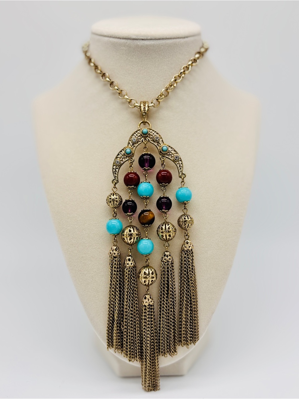 Vintage R.J. Graziano gold tone, Etruscan  Tassel Pendant Necklace
